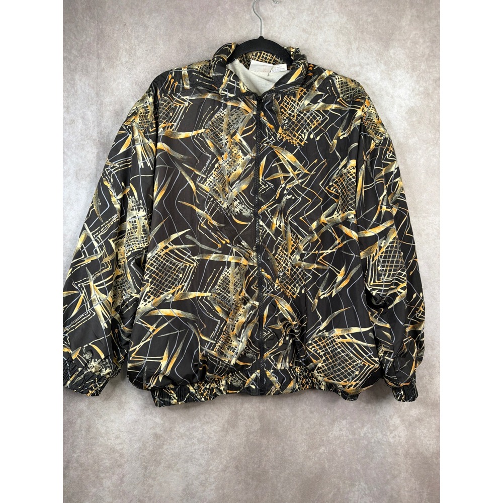 VTG 90s Kaktus Plus Womens Black Gold Abstract Print Zip Up Track Jacket Size 1X